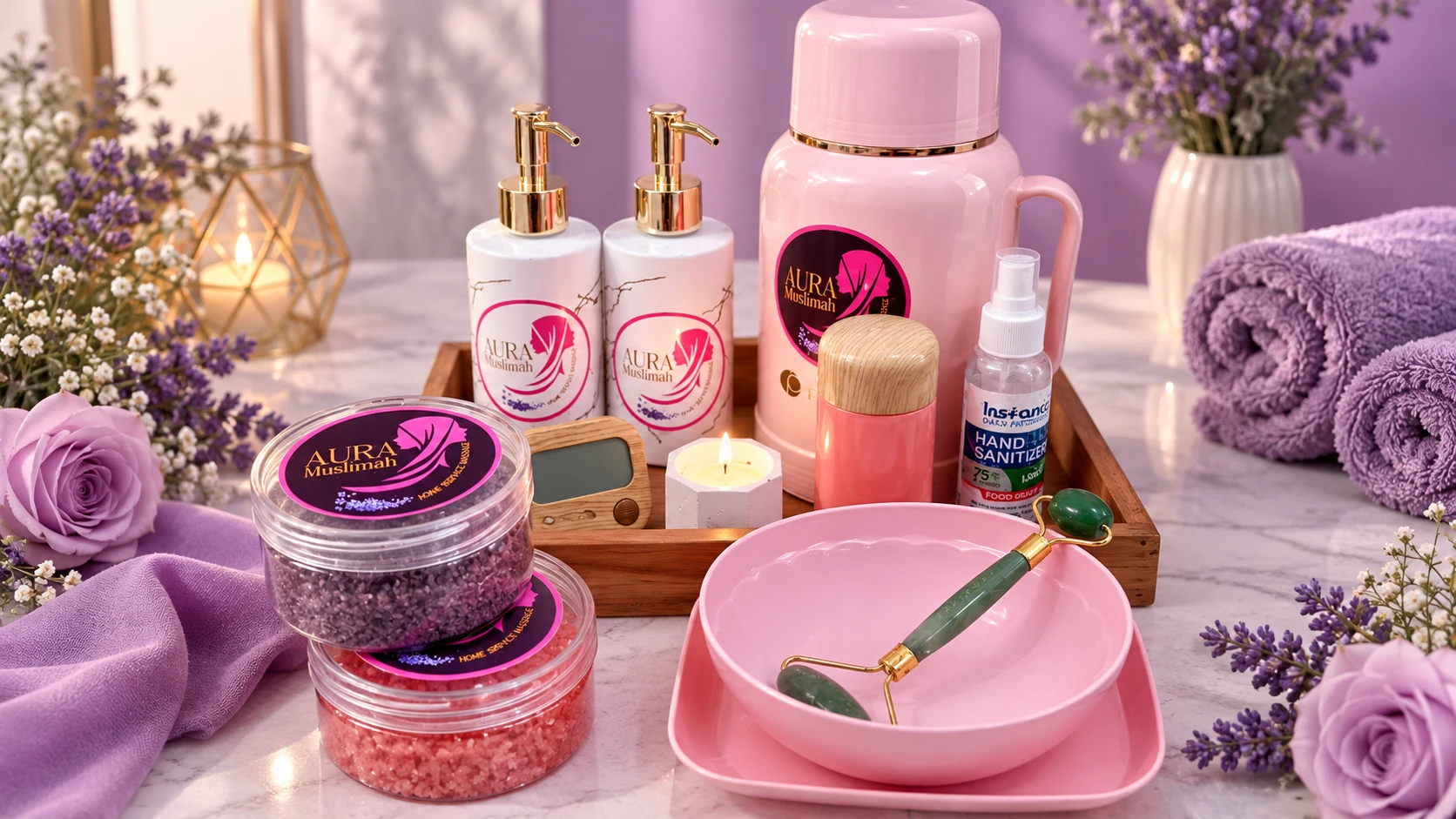 Perlengkapan spa Aura Muslimah dengan botol berlogo, garam mandi, roller wajah, dan handuk ungu