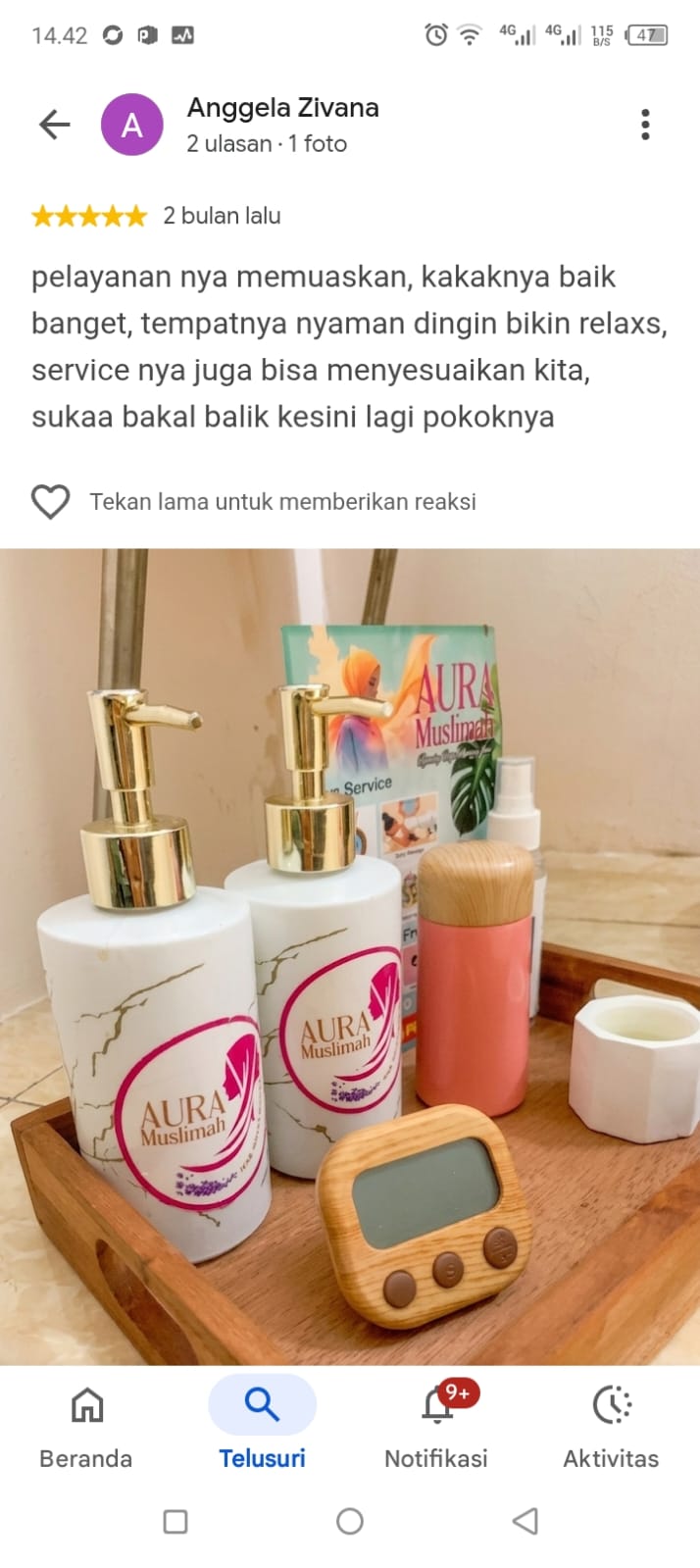 Ulasan Google Maps oleh Anggela Zivana, 5 bintang: pelayanan nya memuaskan, kakaknya baik banget, tempatnya nyaman dingin bikin relaxs, service nya juga bisa menyesuaikan kita, sukaa bakal balik kesini lagi pokoknya