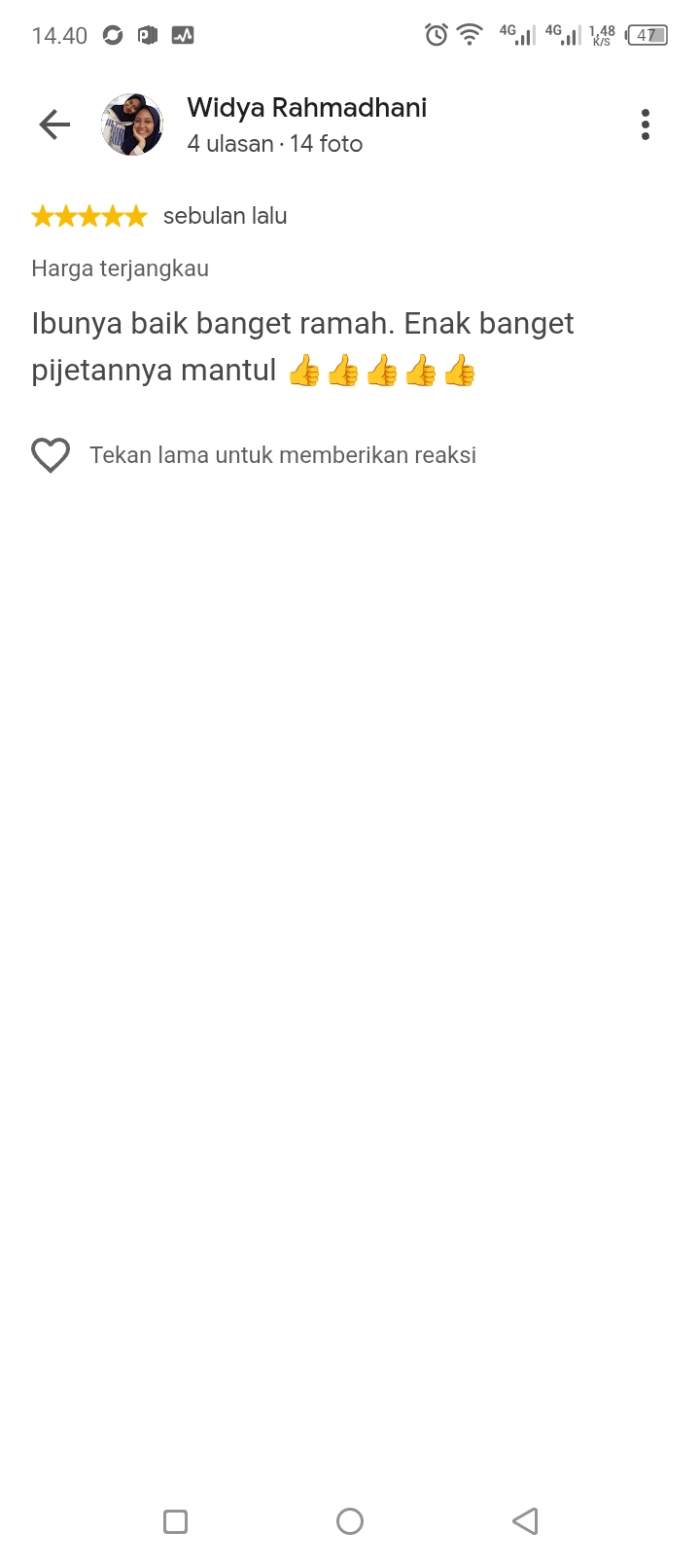 Ulasan Google Maps oleh Widya Rahmadhani, 5 bintang: Harga terjangkau. Ibunya baik banget ramah. Enak banget pijetannya mantul 👍👍👍👍👍
